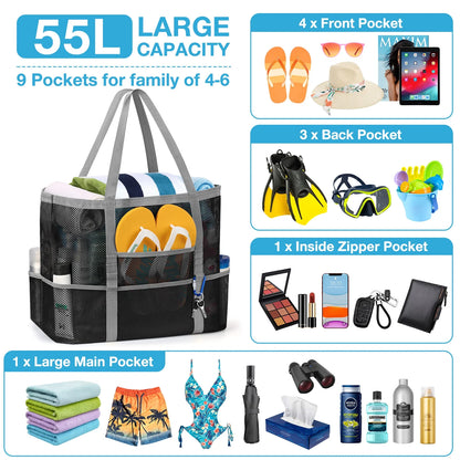 Mesh Beach Bag Rope Handles, Mesh Tote Bag for Women Contains Wicker Oversized Beach Tote Bag with 9 Small Pockets (Black)