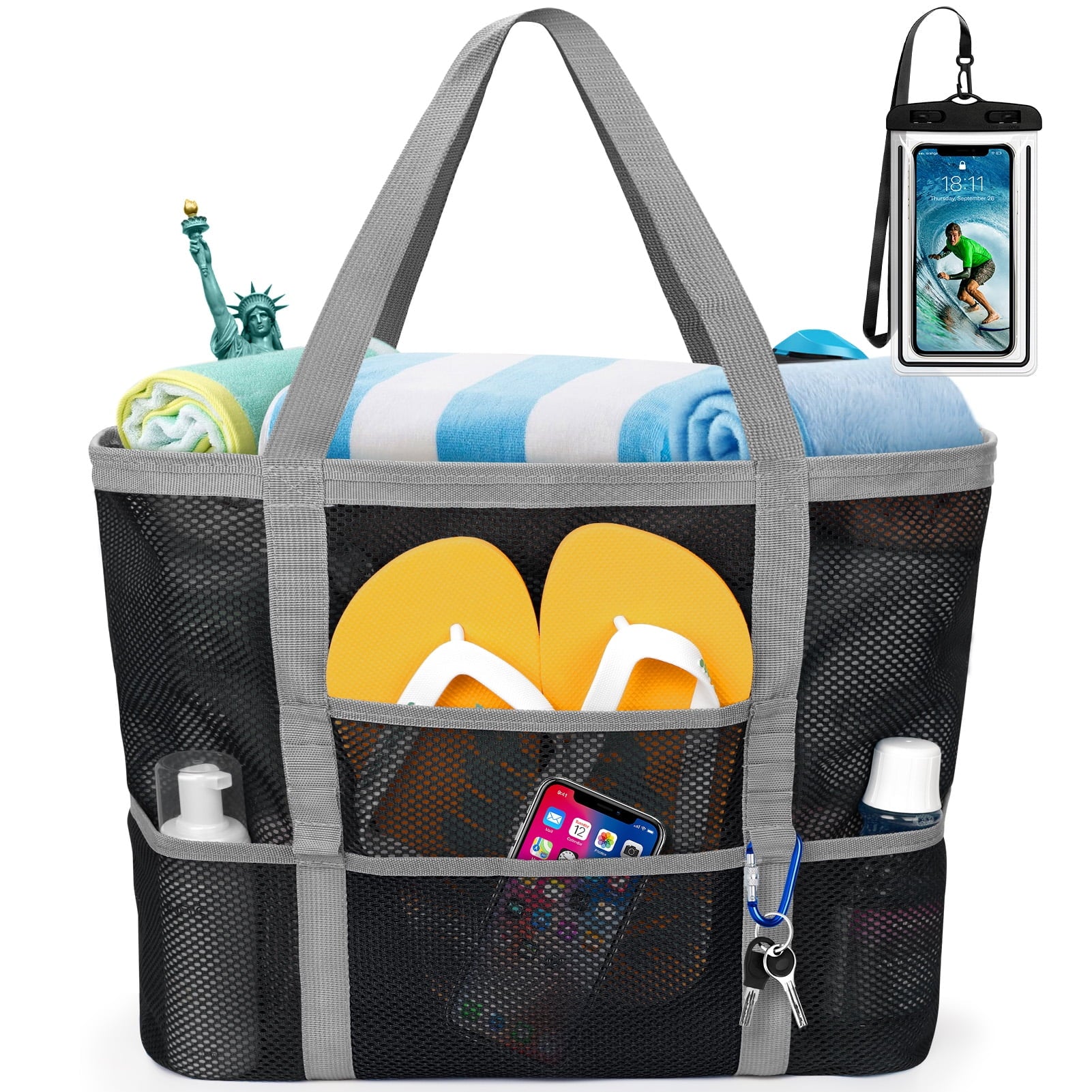 Mesh Beach Bag Rope Handles, Mesh Tote Bag for Women Contains Wicker Oversized Beach Tote Bag with 9 Small Pockets (Black)