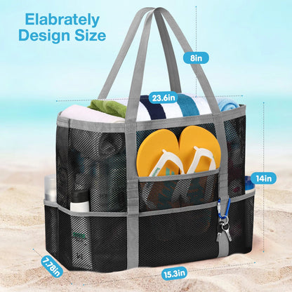 Mesh Beach Bag Rope Handles, Mesh Tote Bag for Women Contains Wicker Oversized Beach Tote Bag with 9 Small Pockets (Black)
